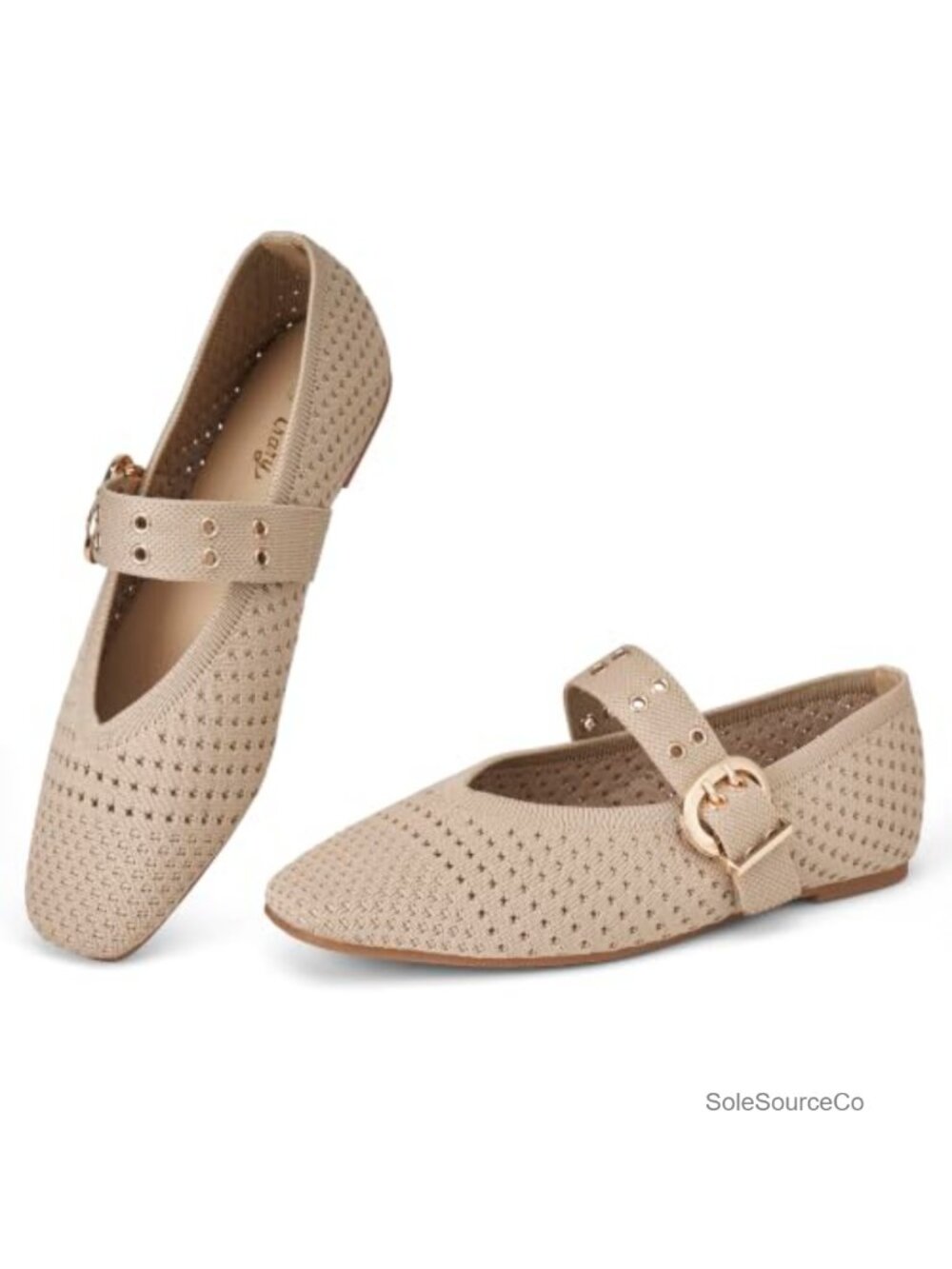 Women's Knit Flats Square Toe Mary Jane Shoes Adjustable Buckle Non-Slip